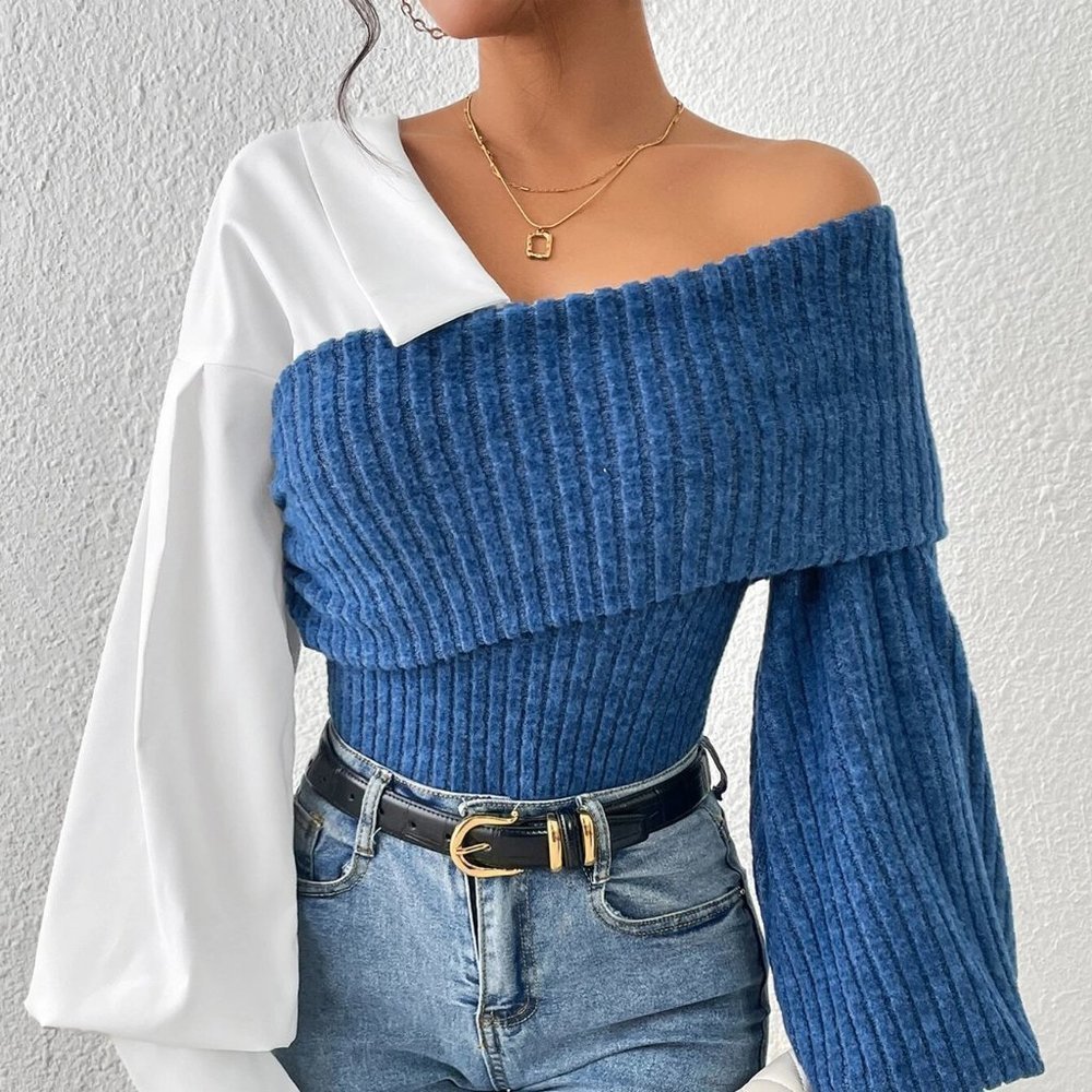 Color Block Asymmetrical Neck Lantern Sleeve Top black white - Picture 5 of 5